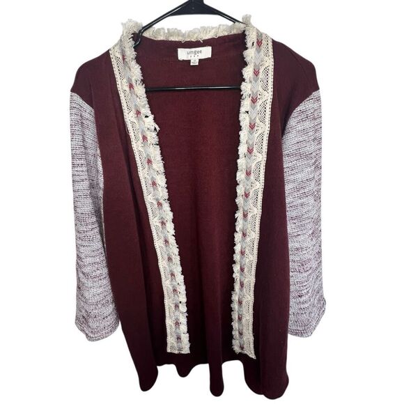 Umgee Maroon Boho Half Sleeve Cardigan With Fringe And Crochet Details - Picture 1 of 5